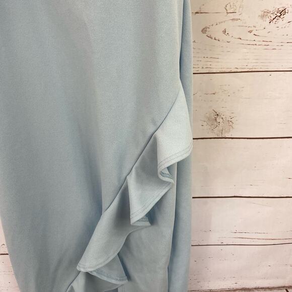 Windsor L Baby Blue Ruffle Front Slit Square Neck Crepe Midi Dress - Picture 4 of 7